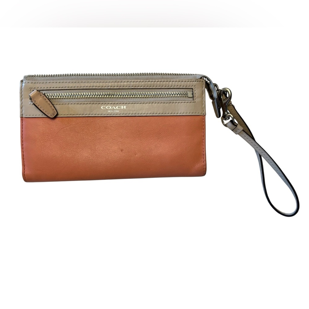 Coach Colorblock Wristlet in Tan and Coral